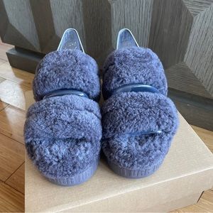Ugg Oh Fluffita Fur Slides Sandals Slippers Logo Strap Size 7 Lounge Fuzzy Gray